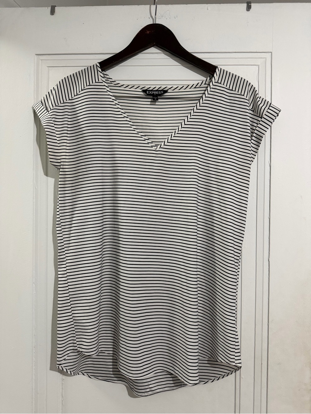 Express Black and White Striped V-Neck Tee
